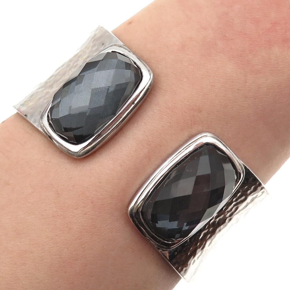 Boma 925 Sterling Silver Real Doublet Hematite Hammered Cuff Bracelet 6.75"